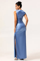 Simple Blue Satin Mermaid Long Bridesmaid Dress with Slit