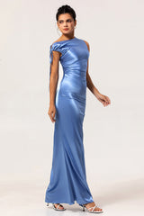 Simple Blue Satin Mermaid Long Bridesmaid Dress with Slit
