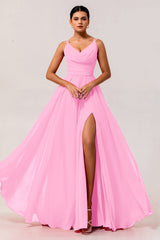 Blush Pink A Line Long Chiffon Wedding Guest Dress with Slit
