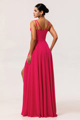 Hot Pink A Line Chiffon Long Wedding Guest Dress with Slit