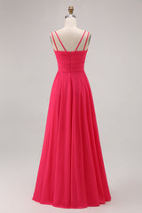 Hot Pink Chiffon A Line Long Wedding Guest Dress with Slit