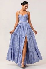 Sparkly Blue Floral Jacquard Long Bridesmaid Dress with Slit