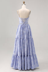 Sparkly Blue Floral Jacquard Long Bridesmaid Dress with Slit