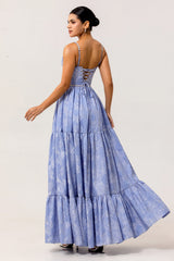 Sparkly Blue Floral Jacquard Long Bridesmaid Dress with Slit