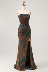 Peacock Green Strapless Corset Long Velvet Bridesmaid Dress with Slit