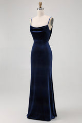Dark Blue Spaghetti Straps Velvet Long Bridesmaid Dress