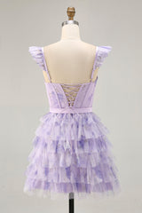 Lilac Corset Tiered Short Floral Homecoming Dress with Ruffles