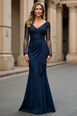 Navy Mermaid V-Neck Ruched Long Sleeves Mother of the Bride Dress