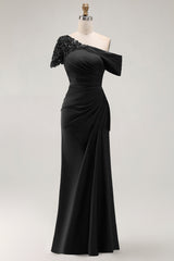 Black One Shoulder Sheath Long Mother of the Bride Dress with Appliques