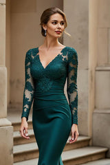 Pine Mermaid Satin V-Neck Long Mother of the Bride Dress with Appliques