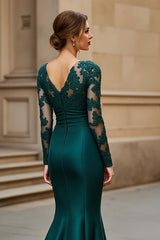 Pine Mermaid Satin V-Neck Long Mother of the Bride Dress with Appliques