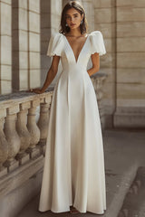 Simple Ivory Deep V-Neck Maxi Rehearsal Dinner Dress with Sleeves