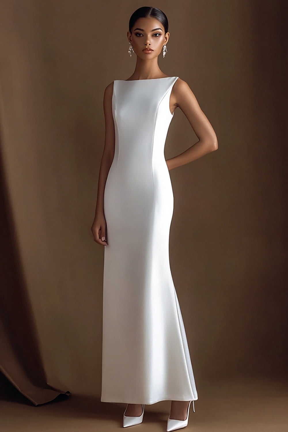 Simple Ivory Bateau Satin Maxi Rehearsal Dinner Dress
