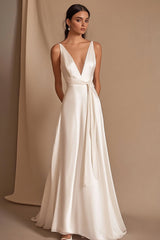 Ivory A Line Satin V-Neck Maxi Rehearsal Dinner Dress with Sash