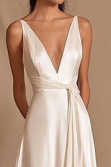 Ivory A Line Satin V-Neck Maxi Rehearsal Dinner Dress with Sash