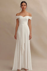 Ivory Chiffon Off the Shoulder Maxi Rehearsal Dinner Dress with Sash