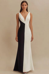 Black and White Satin V-Neck Mermaid Long Formal Dress