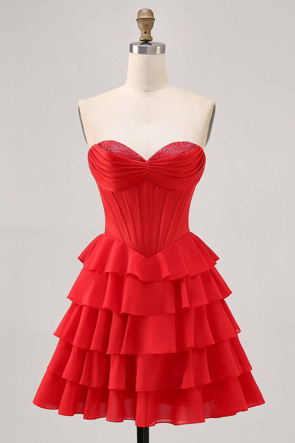 Sparkly Red Corset Short Tiered Homecoming Dress with Beading