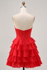 Sparkly Red Corset Short Tiered Homecoming Dress with Beading