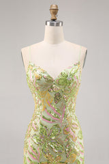 Sparkly Green Spaghetti Straps Short Sequin Floral Tight Homecoming Dress