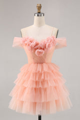 Blush Floral Cold Shoulder Tulle Tiered Short Homecoming Dress with Ruffles