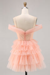 Blush Floral Cold Shoulder Tulle Tiered Short Homecoming Dress with Ruffles