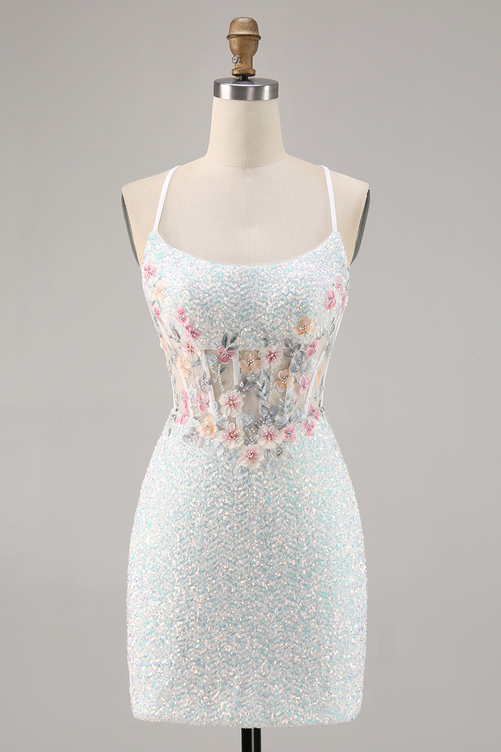 Sparky White Corset Floral Tight Short Homecoming Dress