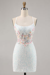 Sparky White Corset Floral Tight Short Homecoming Dress