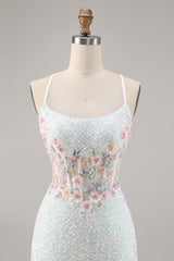 Sparky White Corset Floral Tight Short Homecoming Dress