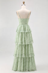 Dusty Sage Corset Tiered A Line Long Bridesmaid Dress with Slit