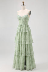 Dusty Sage Corset Tiered A Line Long Bridesmaid Dress with Slit