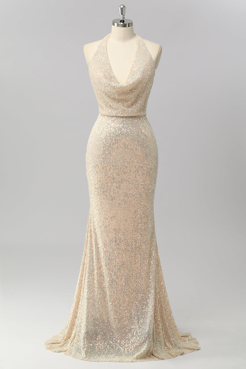 Sparkly Apricot Halter Sequin Mermaid Backless Long Prom Dress