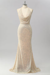 Sparkly Apricot Halter Sequin Mermaid Backless Long Prom Dress