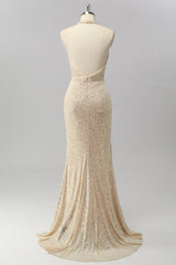 Sparkly Apricot Halter Sequin Mermaid Backless Long Prom Dress