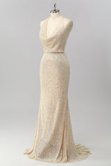 Sparkly Apricot Halter Sequin Mermaid Backless Long Prom Dress