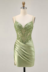 Sparkly Sage Green Satin Tight Short Corset Homecoming Dress with Sequins