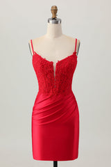 Dark Red Satin Corset Short Tight Homecoming Dress with Lace