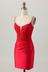 Dark Red Satin Corset Short Tight Homecoming Dress with Lace