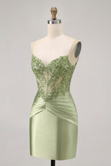 Sparkly Green Corset Satin Tight Short Homecoming Dress with Beading