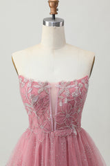 Glitter Dusty Rose Tulle Ruffled Short Tiered Corset Homecoming Dress