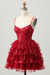 Sparkly Dark Red Corset A Line Short Tiered Homecoming Dress with Lace