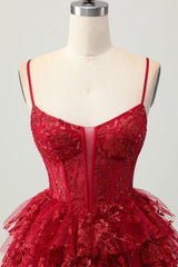 Sparkly Dark Red Corset A Line Short Tiered Homecoming Dress with Lace