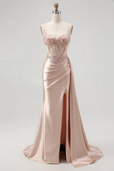 Sparkly Champagne Mermaid Satin Long Prom Dress with Beading