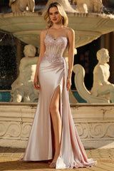 Sparkly Champagne Mermaid Satin Long Prom Dress with Beading
