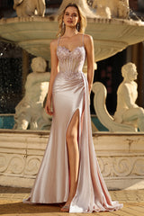 Sparkly Champagne Mermaid Satin Long Prom Dress with Beading