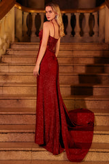 Sparkly Burgundy Spaghetti Straps Mermaid Long Corset Prom Dress with Beading