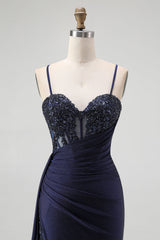 Sparkly Navy Spaghetti Straps Mermaid Long Corset Prom Dress with Beading