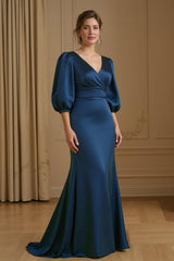 Navy Satin Mermaid V-Neck Long Wedding Guest Dress with Sleeves