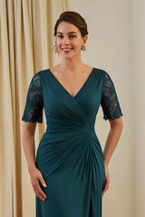 Pine Ruched Sheath V-Neck Midi Wedding Guest Dress with Lace
