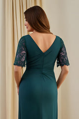 Pine Ruched Sheath V-Neck Midi Wedding Guest Dress with Lace